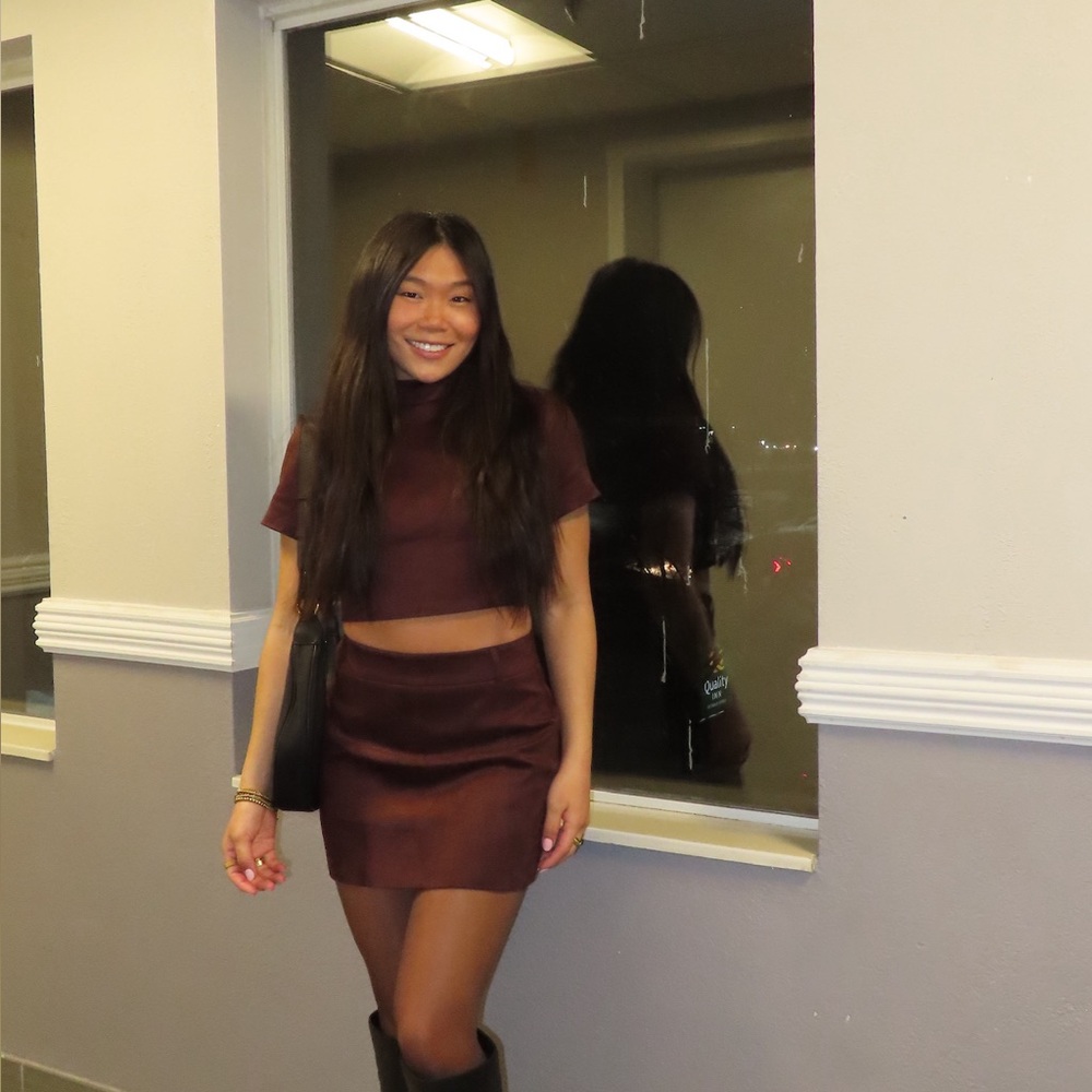 JW PEI | Grace Faux Suede Crop Top and Mini Skirt Set - Chocolate Brown - Picture 7 of 7